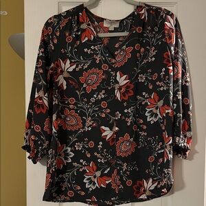 LOFT Black and Red Floral Print Blouse